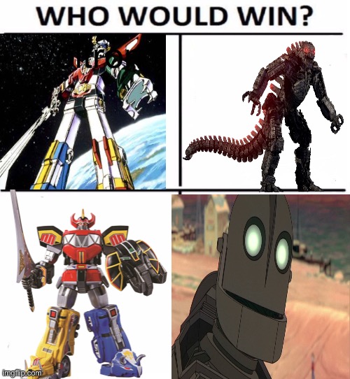 I have my money on the iron giant winning but give me your opinion | Voltron | image tagged in who would win with 4,iron giant,voltron,megazord,mechagodzilla | made w/ Imgflip meme maker