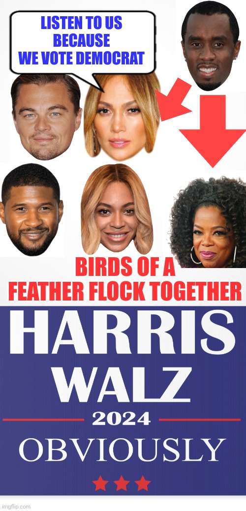 Celebrities Endorse Kamala Harris: Oprah, Beyonce, Usher, Jennifer Lopez, Leonardo DiCaprio all connected to Sean Diddy Combs | LISTEN TO US
BECAUSE
WE VOTE DEMOCRAT; BIRDS OF A FEATHER FLOCK TOGETHER | image tagged in politics,celebrity,democrats,trump,lol | made w/ Imgflip meme maker