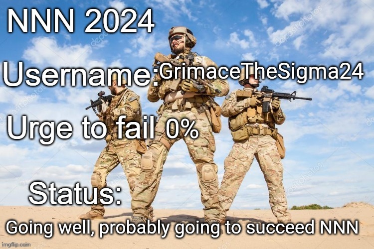 It's easy to me | GrimaceTheSigma24; 0%; Going well, probably going to succeed NNN | image tagged in nnn 2024 progress report | made w/ Imgflip meme maker