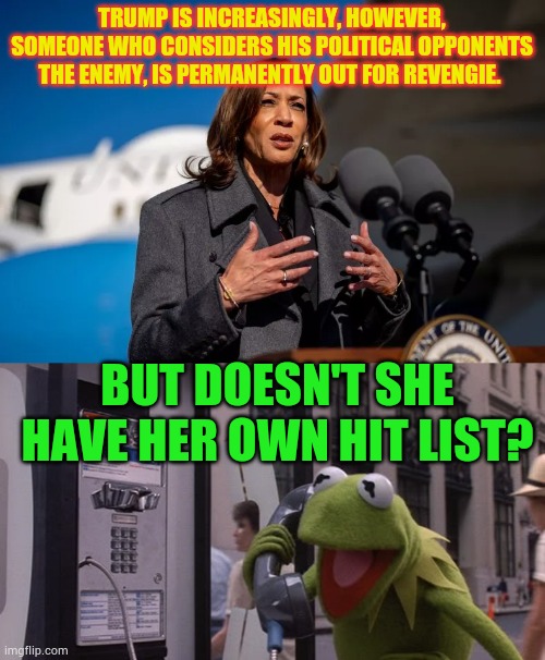 More Spin From Kamala | TRUMP IS INCREASINGLY, HOWEVER, SOMEONE WHO CONSIDERS HIS POLITICAL OPPONENTS THE ENEMY, IS PERMANENTLY OUT FOR REVENGIE. BUT DOESN'T SHE HAVE HER OWN HIT LIST? | image tagged in kermit phone,kamala harris,accused,donald trump,revenge,memes | made w/ Imgflip meme maker