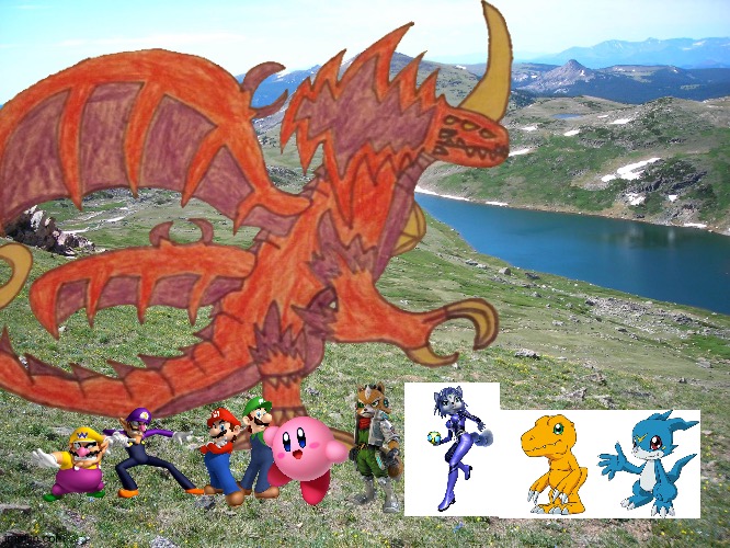 Wario and Friends dies by Destoroyah while exploring in a beautiful landscape | image tagged in landscape,wario dies,crossover | made w/ Imgflip meme maker