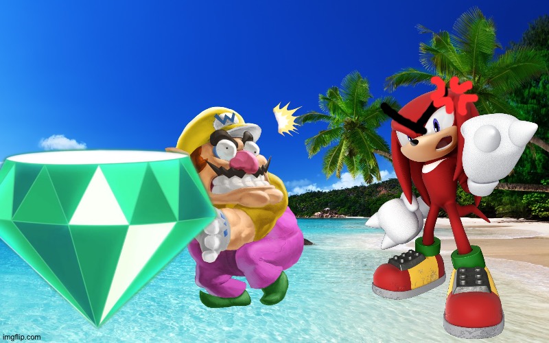 Wario dies by stealing Knuckles's master emerald | image tagged in tropical island birthday,wario dies,knuckles,crossover,wario,sonic the hedgehog | made w/ Imgflip meme maker