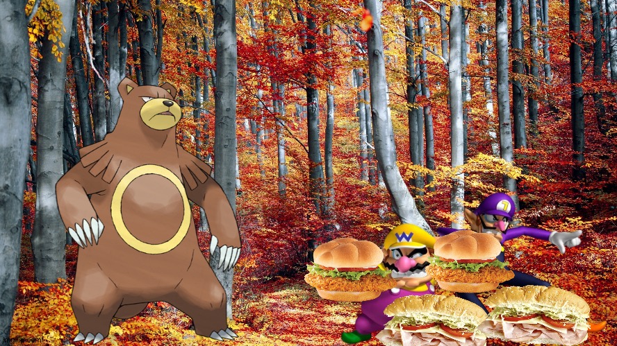 Wario and Waluigi dies by a enraged Ursaring while eating sandwiches | image tagged in fall forest background,wario,waluigi,pokemon,crossover,wario dies | made w/ Imgflip meme maker