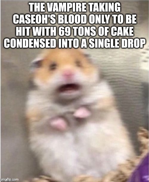 Scared Hamster | THE VAMPIRE TAKING CASEOH'S BLOOD ONLY TO BE HIT WITH 69 TONS OF CAKE CONDENSED INTO A SINGLE DROP | image tagged in scared hamster | made w/ Imgflip meme maker