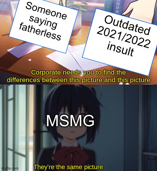 It’s not even old I hear people use it regularly | Someone saying fatherless; Outdated 2021/2022 insult; MSMG | image tagged in they're the same picture | made w/ Imgflip meme maker