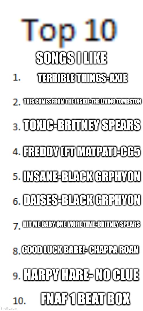 Top 10 List | SONGS I LIKE; TERRIBLE THINGS-AXIE; THIS COMES FROM THE INSIDE-THE LIVING TOMBSTON; TOXIC-BRITNEY SPEARS; FREDDY (FT MATPAT)-CG5; INSANE-BLACK GRPHY0N; DAISES-BLACK GRPHY0N; HIT ME BABY ONE MORE TIME-BRITNEY SPEARS; GOOD LUCK BABE!- CHAPPA ROAN; HARPY HARE- NO CLUE; FNAF 1 BEAT BOX | image tagged in top 10 list | made w/ Imgflip meme maker