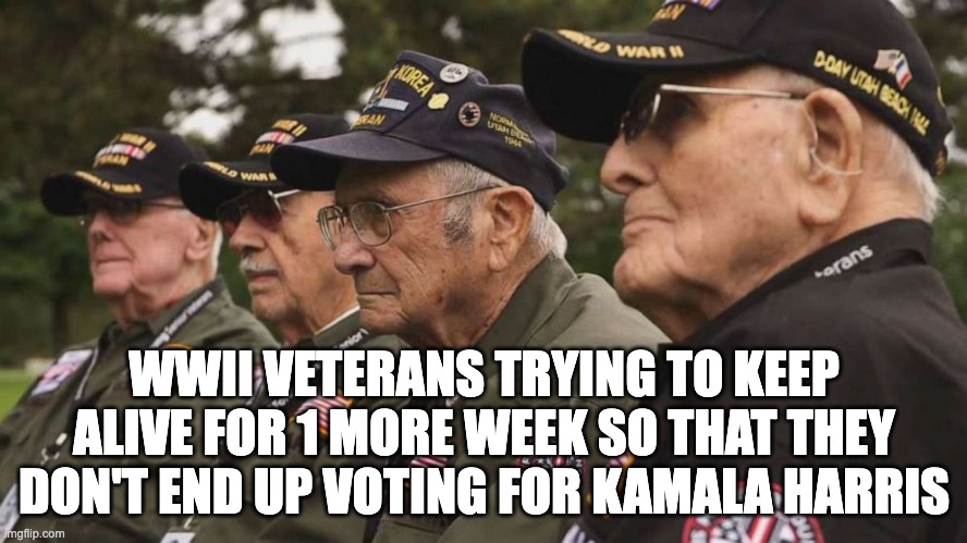 WWII Veterans Keeping Alive so that they don't vote democrat | WWII VETERANS TRYING TO KEEP ALIVE FOR 1 MORE WEEK SO THAT THEY DON'T END UP VOTING FOR KAMALA HARRIS | image tagged in 2024 election,kamala harris | made w/ Imgflip meme maker