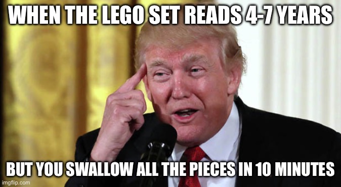 Genius | WHEN THE LEGO SET READS 4-7 YEARS; BUT YOU SWALLOW ALL THE PIECES IN 10 MINUTES | image tagged in trump stable genius,genius,lego | made w/ Imgflip meme maker