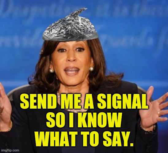 When Kamala's Teleprompter Goes Down | SEND ME A SIGNAL; SO I KNOW WHAT TO SAY. | image tagged in memes,kamala harris,teleprompter,down,tin foil hat,send me a signal | made w/ Imgflip meme maker