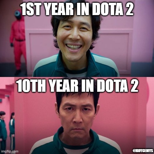 10 Years Of Dota 2 Mood | 1ST YEAR IN DOTA 2; 10TH YEAR IN DOTA 2; @ROYCEMYS | image tagged in meme,dota2,topplayer,contribution,silencer | made w/ Imgflip meme maker