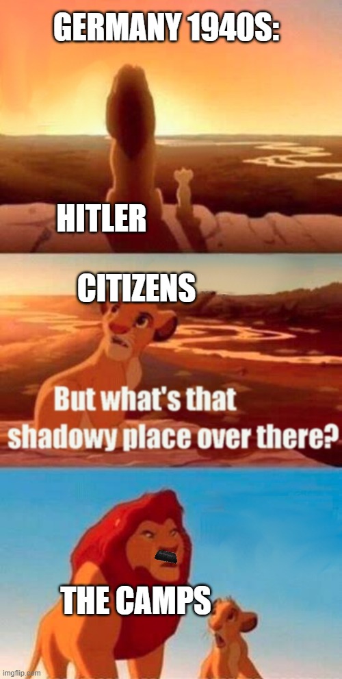 Simba Shadowy Place | GERMANY 1940S:; HITLER; CITIZENS; THE CAMPS | image tagged in memes,simba shadowy place | made w/ Imgflip meme maker