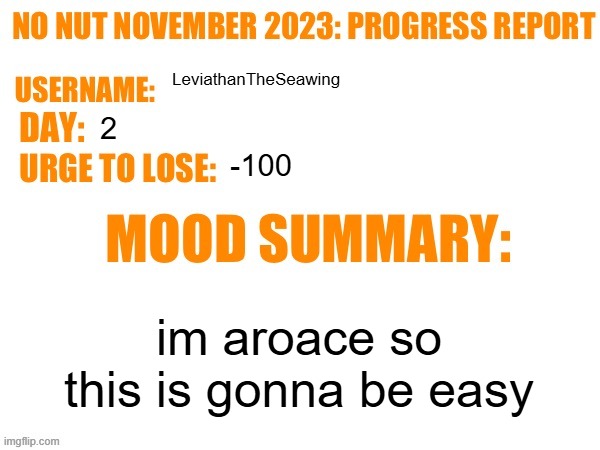 aqw | LeviathanTheSeawing; 2; -100; im aroace so this is gonna be easy | image tagged in no nut november 2023 progress report | made w/ Imgflip meme maker