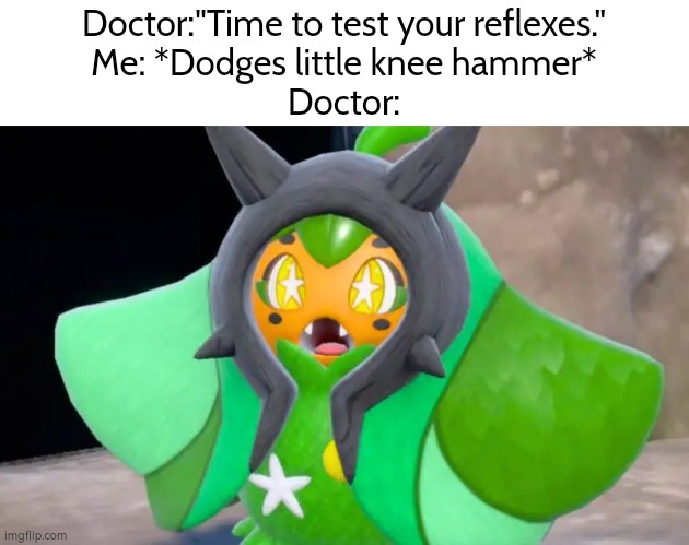 Guess I passed the *test* . | Doctor:"Time to test your reflexes."
Me: *Dodges little knee hammer*
Doctor: | image tagged in funny,reflexes | made w/ Imgflip meme maker