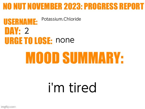 pretend it says 2024 | Potassium.Chloride; 2; none; i'm tired | image tagged in no nut november 2023 progress report | made w/ Imgflip meme maker