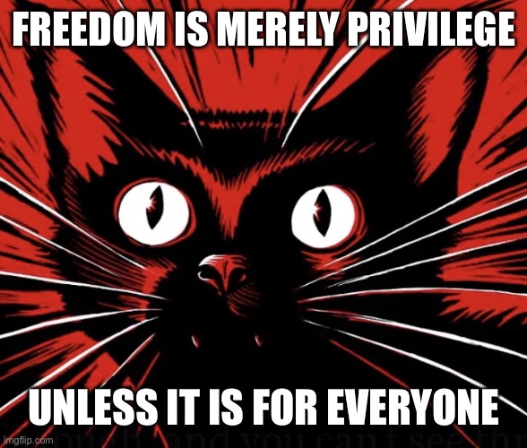 Arise, prisoners of capitalism | FREEDOM IS MERELY PRIVILEGE; UNLESS IT IS FOR EVERYONE | image tagged in sabo tabby cat | made w/ Imgflip meme maker