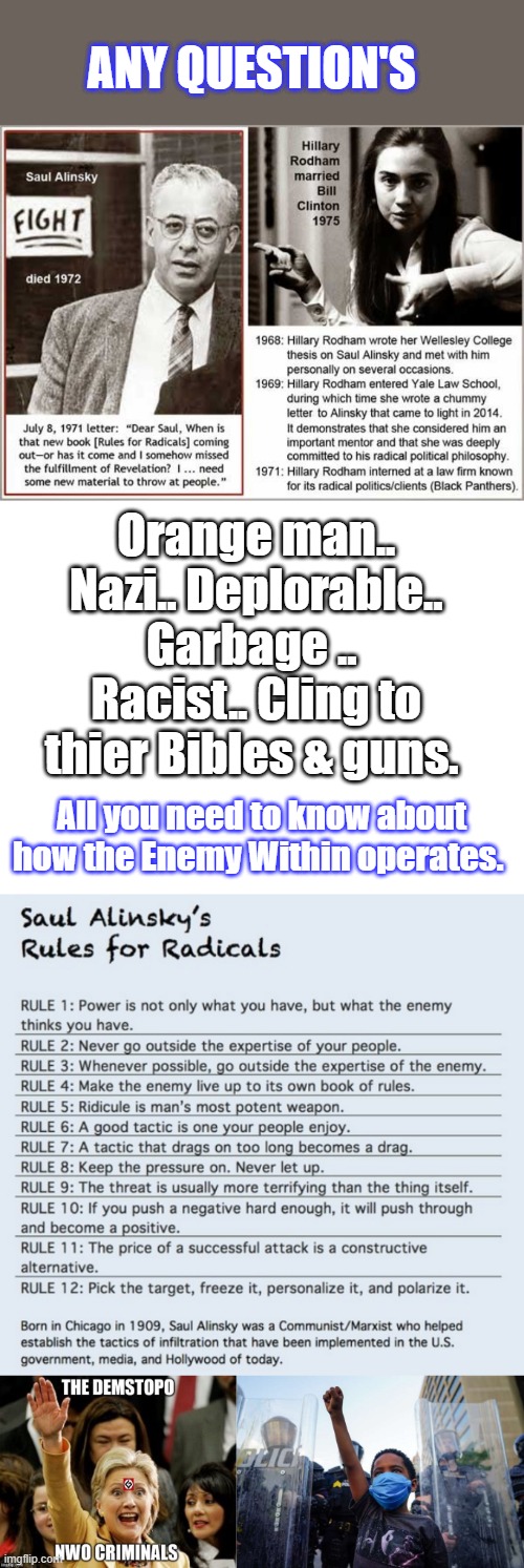 Trump just turned thier rules back at them to fight them on a level playing field. NASTY HILLARY its #5 | ANY QUESTION'S; Orange man.. Nazi.. Deplorable.. Garbage ..  Racist.. Cling to thier Bibles & guns. All you need to know about how the Enemy Within operates. | made w/ Imgflip meme maker