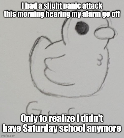 Anyways, gm fellas | I had a slight panic attack this morning hearing my alarm go off; Only to realize I didn't have Saturday school anymore | image tagged in gus the duck | made w/ Imgflip meme maker