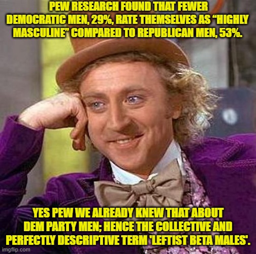 A little late on announcing this one PEW . . . at least two decades of proof late. | PEW RESEARCH FOUND THAT FEWER DEMOCRATIC MEN, 29%, RATE THEMSELVES AS “HIGHLY MASCULINE” COMPARED TO REPUBLICAN MEN, 53%. YES PEW WE ALREADY KNEW THAT ABOUT DEM PARTY MEN; HENCE THE COLLECTIVE AND PERFECTLY DESCRIPTIVE TERM 'LEFTIST BETA MALES'. | image tagged in creepy condescending wonka | made w/ Imgflip meme maker