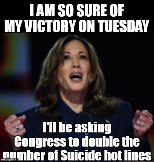 Just the fact that this is a possibility is so preposterous | I AM SO SURE OF MY VICTORY ON TUESDAY; I'll be asking Congress to double the number of Suicide hot lines | image tagged in kamala suicide meme | made w/ Imgflip meme maker