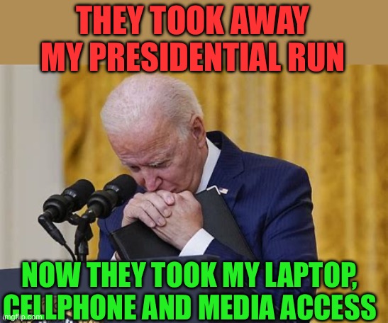 Who’s “They”? America wants to know | THEY TOOK AWAY MY PRESIDENTIAL RUN; NOW THEY TOOK MY LAPTOP, CELLPHONE AND MEDIA ACCESS | image tagged in crying,biden,democrats,presidential race,deep state | made w/ Imgflip meme maker