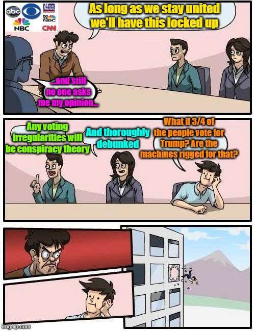 The guy to the left is gonna burn the building down one of these days | As long as we stay united we'll have this locked up; ...and still no one asks me my opinion... What if 3/4 of the people vote for Trump? Are the machines rigged for that? Any voting irregularities will be conspiracy theory; And thoroughly debunked | image tagged in trump,maga,fake news,kamala harris,office space | made w/ Imgflip meme maker