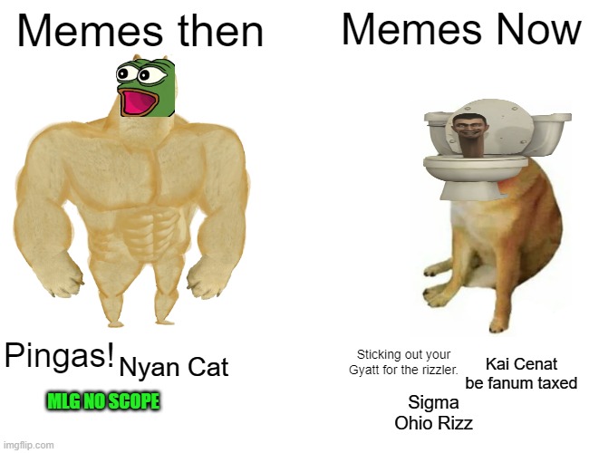 The Truth | Memes then; Memes Now; Pingas! Sticking out your Gyatt for the rizzler. Kai Cenat be fanum taxed; Nyan Cat; MLG NO SCOPE; Sigma Ohio Rizz | image tagged in memes,buff doge vs cheems,brainrot,2010s,then vs now,memes fell off | made w/ Imgflip meme maker