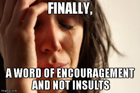 First World Problems Meme | FINALLY, A WORD OF ENCOURAGEMENT AND NOT INSULTS | image tagged in memes,first world problems | made w/ Imgflip meme maker