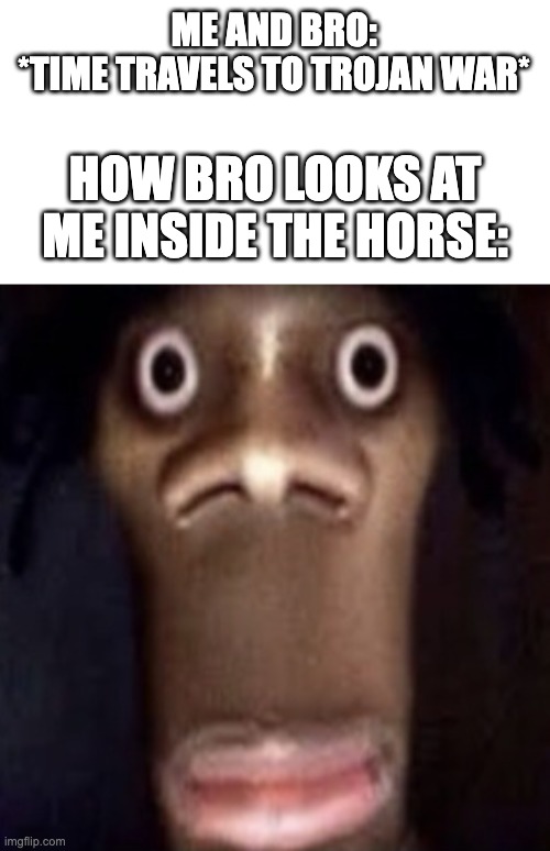 hold...in..the...laughter!!! | ME AND BRO: *TIME TRAVELS TO TROJAN WAR*; HOW BRO LOOKS AT ME INSIDE THE HORSE: | image tagged in quandale dingle,memes,history,trojan horse | made w/ Imgflip meme maker