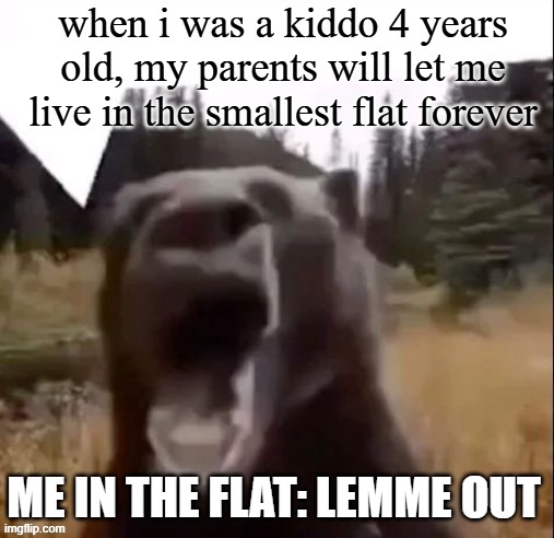 bad parenting moment | when i was a kiddo 4 years old, my parents will let me live in the smallest flat forever; ME IN THE FLAT: LEMME OUT | image tagged in fedy faber | made w/ Imgflip meme maker