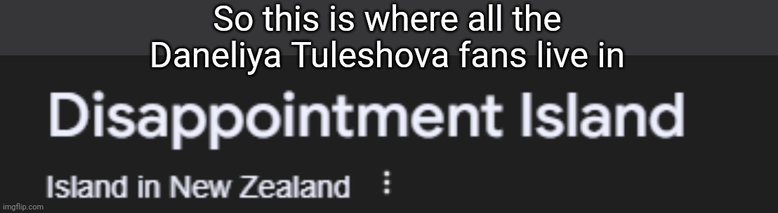 They all live in Disappointment Island | So this is where all the Daneliya Tuleshova fans live in | image tagged in disappointment island,daneliya tuleshova sucks,funny | made w/ Imgflip meme maker