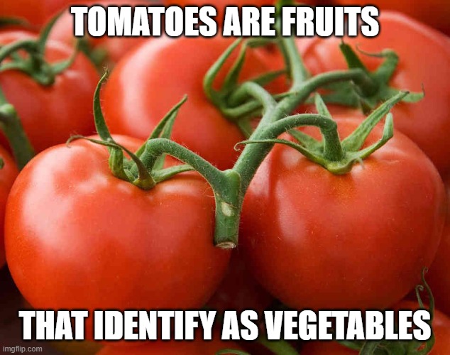 You can't say this is not the case | TOMATOES ARE FRUITS; THAT IDENTIFY AS VEGETABLES | image tagged in tomato,funny,memes,i identify as | made w/ Imgflip meme maker