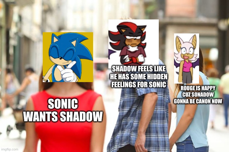 Distracted Boyfriend | SHADOW FEELS LIKE HE HAS SOME HIDDEN FEELINGS FOR SONIC; ROUGE IS HAPPY CUZ SONADOW GONNA BE CANON NOW; SONIC WANTS SHADOW | image tagged in memes,distracted boyfriend | made w/ Imgflip meme maker