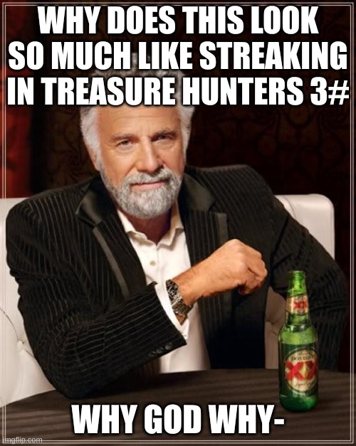 The Most Interesting Man In The World | WHY DOES THIS LOOK SO MUCH LIKE STREAKING IN TREASURE HUNTERS 3#; WHY GOD WHY- | image tagged in memes,the most interesting man in the world | made w/ Imgflip meme maker