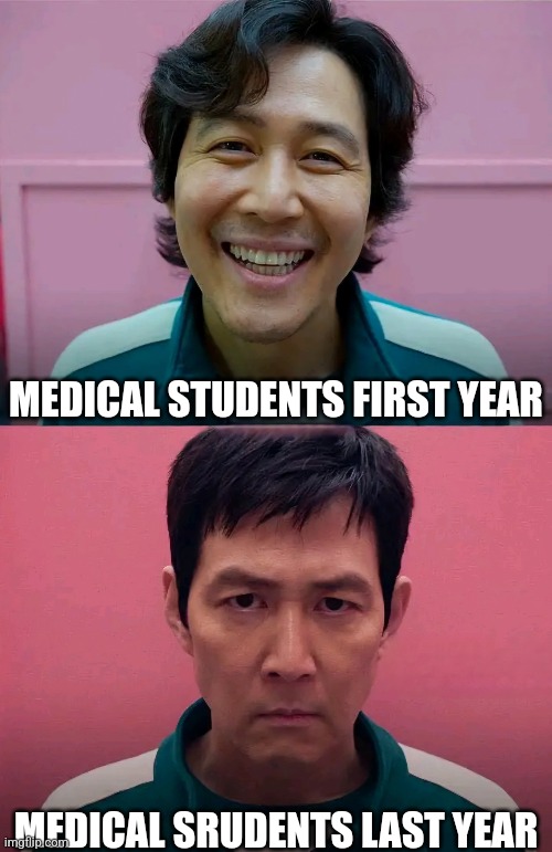 MD Students Be Like: | MEDICAL STUDENTS FIRST YEAR; MEDICAL SRUDENTS LAST YEAR | image tagged in squid game | made w/ Imgflip meme maker