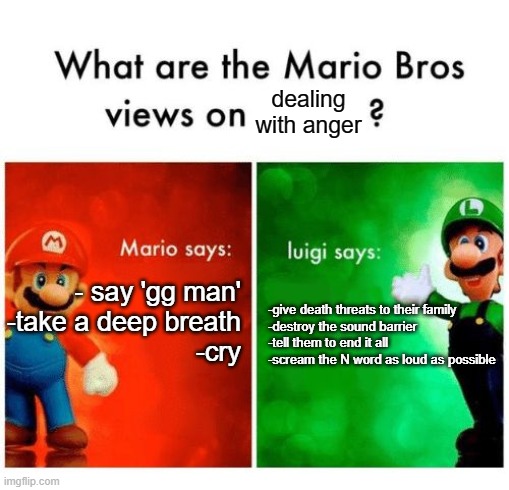 gaming | dealing with anger; - say 'gg man'

-take a deep breath

-cry; -give death threats to their family

-destroy the sound barrier

-tell them to end it all

-scream the N word as loud as possible | image tagged in mario vs luigi | made w/ Imgflip meme maker