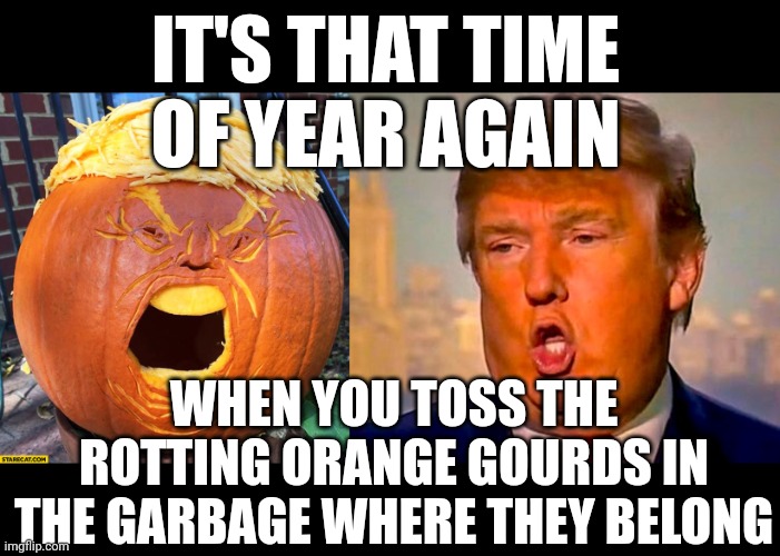 It's almost sentencing season for the convicted felon | IT'S THAT TIME OF YEAR AGAIN; WHEN YOU TOSS THE ROTTING ORANGE GOURDS IN THE GARBAGE WHERE THEY BELONG | image tagged in donald trump,rotten,garbage | made w/ Imgflip meme maker