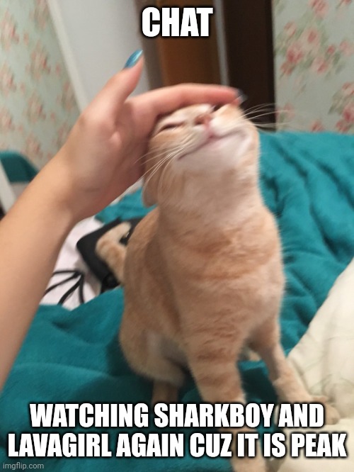 :3 | CHAT; WATCHING SHARKBOY AND LAVAGIRL AGAIN CUZ IT IS PEAK | image tagged in cat pat | made w/ Imgflip meme maker