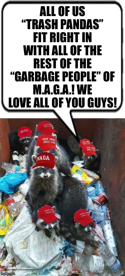 ALL OF US “TRASH PANDAS” FIT RIGHT IN WITH ALL OF THE REST OF THE “GARBAGE PEOPLE” OF M.A.G.A.! WE LOVE ALL OF YOU GUYS! | made w/ Imgflip meme maker