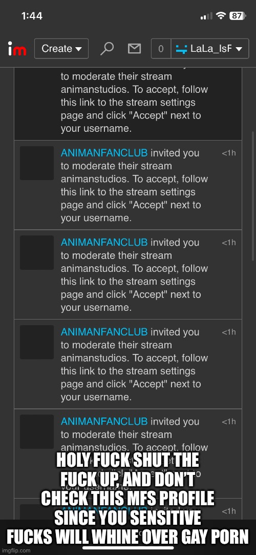HOLY FUCK SHUT THE FUCK UP, AND DON’T CHECK THIS MFS PROFILE SINCE YOU SENSITIVE FUCKS WILL WHINE OVER GAY PORN | made w/ Imgflip meme maker