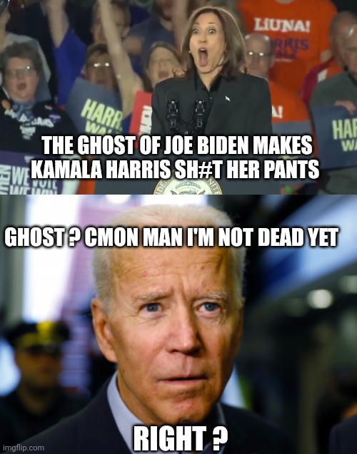 kamala harris meme | THE GHOST OF JOE BIDEN MAKES KAMALA HARRIS SH#T HER PANTS; GHOST ? CMON MAN I'M NOT DEAD YET; RIGHT ? | image tagged in joe biden confused | made w/ Imgflip meme maker