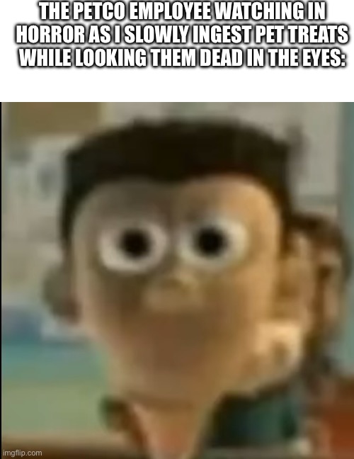 THE PETCO EMPLOYEE WATCHING IN HORROR AS I SLOWLY INGEST PET TREATS WHILE LOOKING THEM DEAD IN THE EYES: | image tagged in blank white template,wtf 15 | made w/ Imgflip meme maker