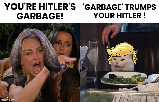 YOU'RE HITLER'S GARBAGE ! | YOU'RE HITLER'S
GARBAGE! 'GARBAGE' TRUMPS
YOUR HITLER ! | image tagged in tds,democrat,woke,trump,cat,hitler | made w/ Imgflip meme maker