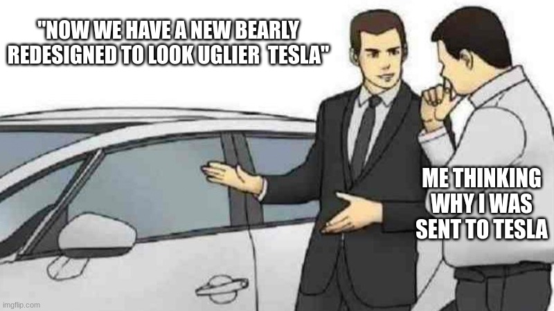 Car Salesman Slaps Roof Of Car | "NOW WE HAVE A NEW BEARLY REDESIGNED TO LOOK UGLIER  TESLA"; ME THINKING WHY I WAS SENT TO TESLA | image tagged in memes,car salesman slaps roof of car | made w/ Imgflip meme maker