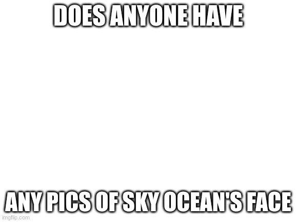 hi | DOES ANYONE HAVE; ANY PICS OF SKY OCEAN'S FACE | image tagged in blank white template,never gonna give you up,never gonna let you down | made w/ Imgflip meme maker