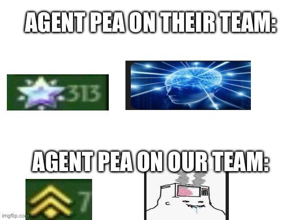 Pvz Garden warfare 1 meme | AGENT PEA ON THEIR TEAM:; AGENT PEA ON OUR TEAM: | image tagged in gaming,plants vs zombies | made w/ Imgflip meme maker