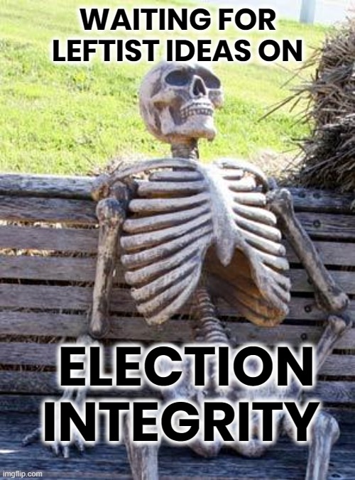 CHEATER'S INTEGRITY ? | WAITING FOR LEFTIST IDEAS ON; ELECTION INTEGRITY | image tagged in waiting skeleton,leftist,ideas,election,integrity,cheaters | made w/ Imgflip meme maker