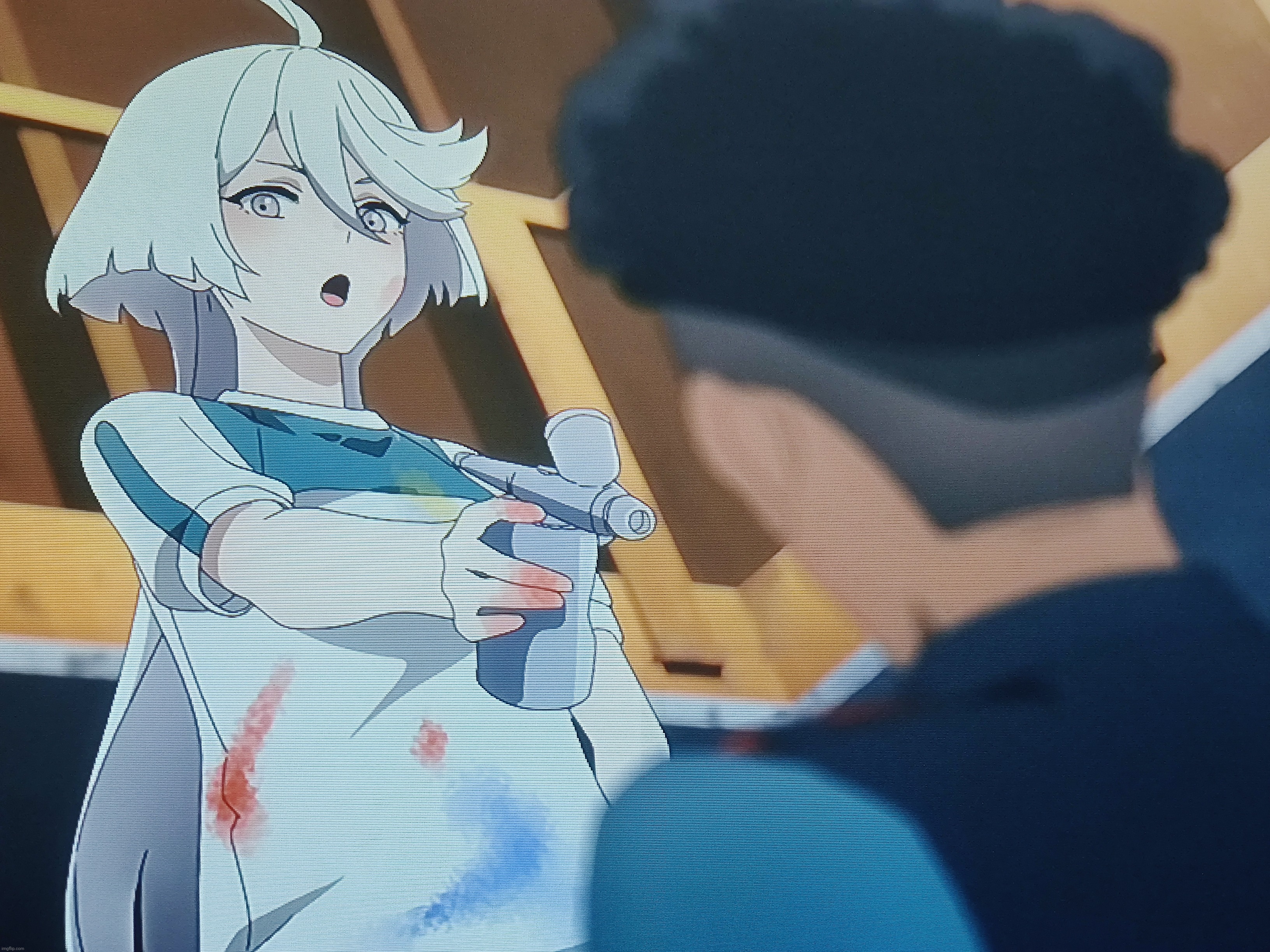 Didn't expect to see miorine hold a guy at gunpoint with an airbrush | made w/ Imgflip meme maker
