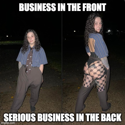 business in the front | BUSINESS IN THE FRONT; SERIOUS BUSINESS IN THE BACK | image tagged in bum,cheeky,business | made w/ Imgflip meme maker