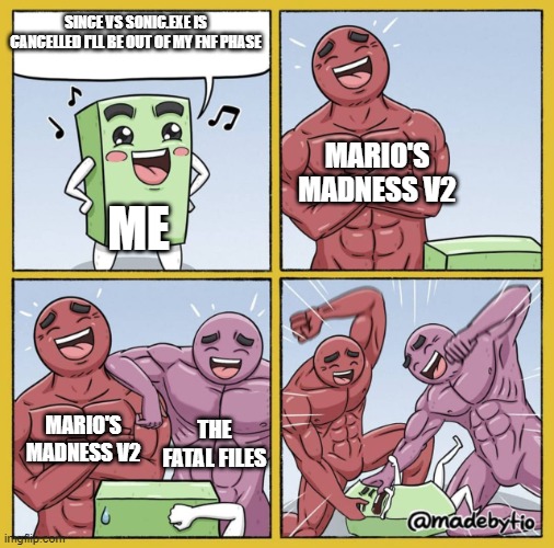 I can never truly escape Friday Night Funkin | SINCE VS SONIC.EXE IS CANCELLED I'LL BE OUT OF MY FNF PHASE; MARIO'S MADNESS V2; ME; MARIO'S MADNESS V2; THE FATAL FILES | image tagged in guy getting beat up,friday night funkin,mario's madness,the fatal files,sonic exe | made w/ Imgflip meme maker