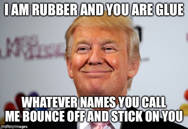 Donald trump approves | I AM RUBBER AND YOU ARE GLUE WHATEVER NAMES YOU CALL ME BOUNCE OFF AND STICK ON YOU | image tagged in donald trump approves | made w/ Imgflip meme maker